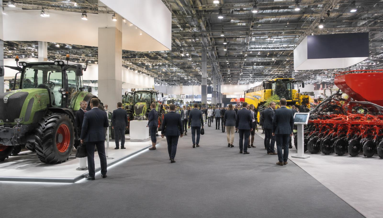 Visitors walking the aisles of an agricultural machinery trade fair