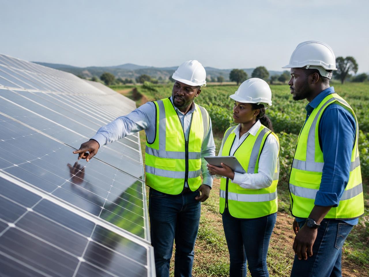 Engineers inspecting a solar array beside farmland